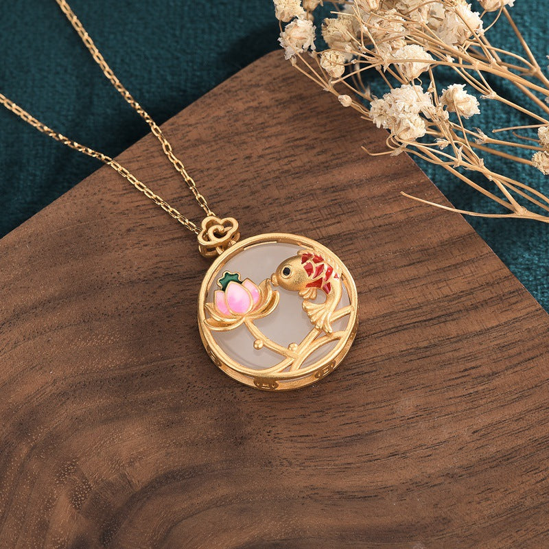 14K Gold Jade Koi Fish & Lotus Pendant Prosperity and Wealth Necklace