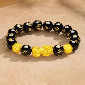 Obsidian Six-Syllable Mantra Bracelet with Sand Gold Pi Xiu Charm - StartGoodLuck