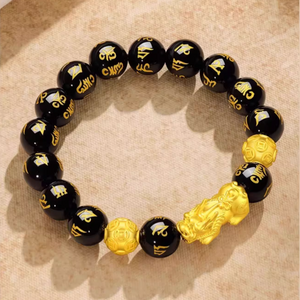 Obsidian Six-Syllable Mantra Bracelet with Sand Gold Pi Xiu Charm - StartGoodLuck