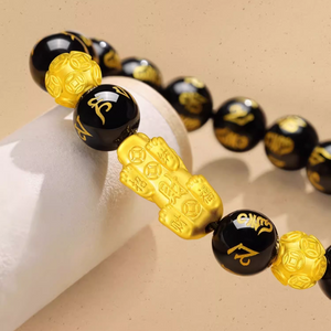 Obsidian Six-Syllable Mantra Bracelet with Sand Gold Pi Xiu Charm - StartGoodLuck