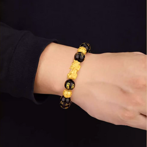 Obsidian Six-Syllable Mantra Bracelet with Sand Gold Pi Xiu Charm - StartGoodLuck