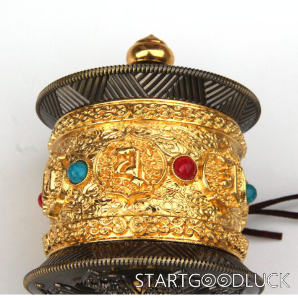 Tibetan Prayer Wheel: Large Silent Handheld with Gold Plating & Gem Inlays (Accumulate Merit Quietly)