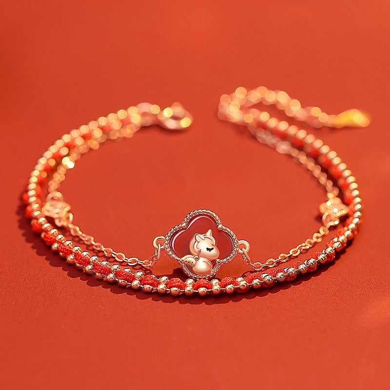 18K Gold Red String Lucky Four-Leaf Clover and Cute Horse Love and Luck Bracelet