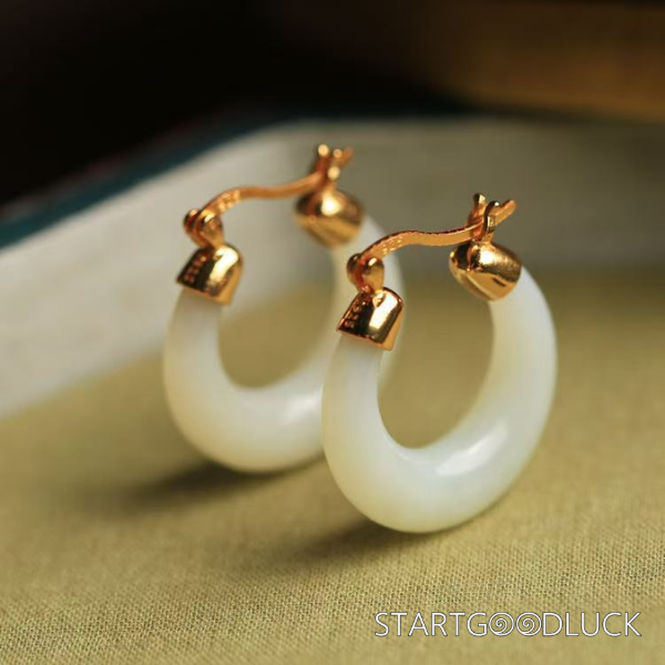Jade Hoop Earrings-Green/White-Natural Hetian Jade Stone