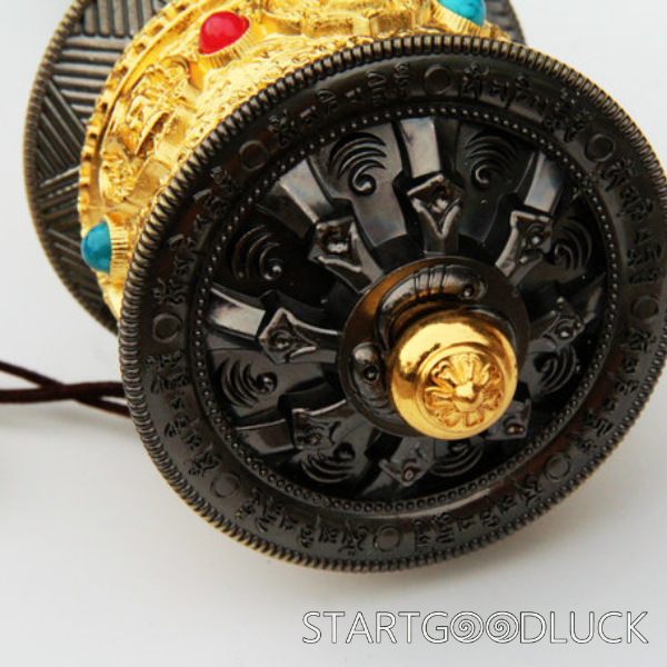 Tibetan Prayer Wheel: Large Silent Handheld with Gold Plating & Gem Inlays (Accumulate Merit Quietly)