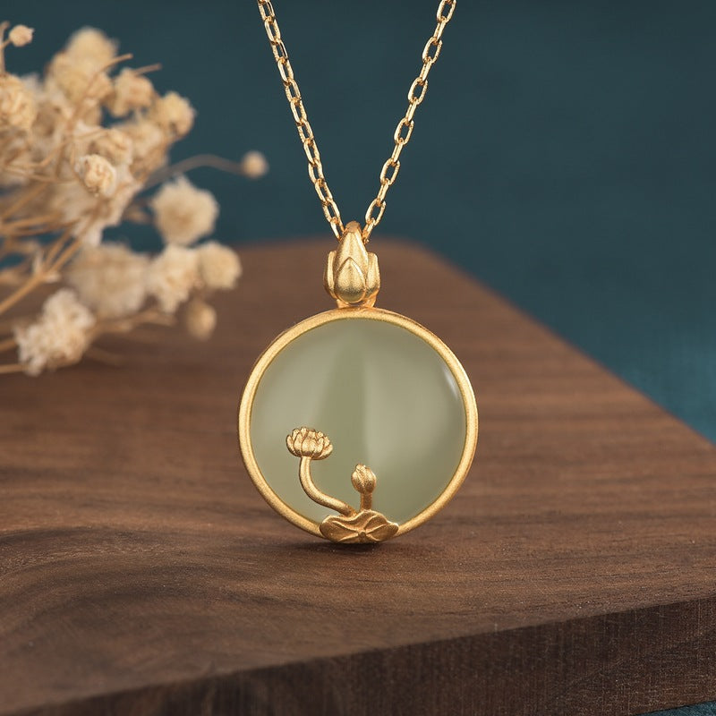 Jade Lotus necklace Ancient Style Gold-Plated chain