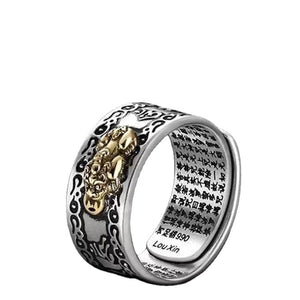925 Silver Buddhist Heart Sutra & Pixiu Prosperity and Wealth Ring