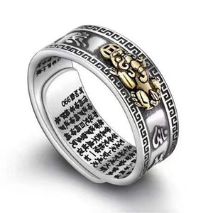 925 Silver Buddhist Heart Sutra & Pixiu Prosperity and Wealth Ring