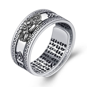 925 Silver Buddhist Heart Sutra & Pixiu Prosperity and Wealth Ring