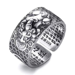 925 Silver Buddhist Heart Sutra & Pixiu Prosperity and Wealth Ring
