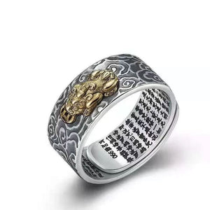 925 Silver Buddhist Heart Sutra & Pixiu Prosperity and Wealth Ring