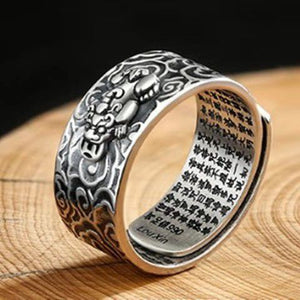 925 Silver Buddhist Heart Sutra & Pixiu Prosperity and Wealth Ring
