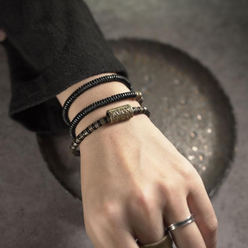 925 Silver Vintage Old Copper Beads Ebony Wooden Balance and Harmony Bracelet