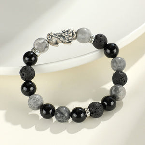 999 Silver Pixiu Bracelet with Black Obsidian