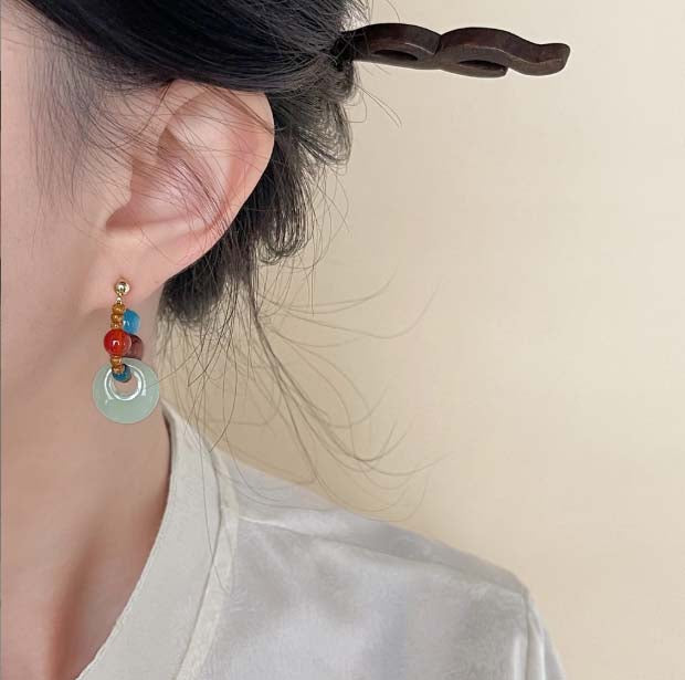 Aquamarine & Red Agate Earrings | Chinese Style Earrings | Rosewood and Silver Jewelry