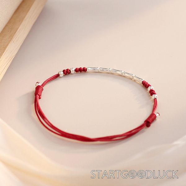 Bamboo Joint Red Srting Bracelet | S925 Sterling Silver Beads |  Adjustable String Bracelet
