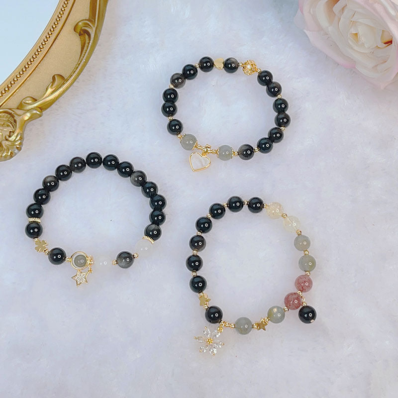 Black Obsidian Bracelet with Heart Star Flower by StartGoodLuck