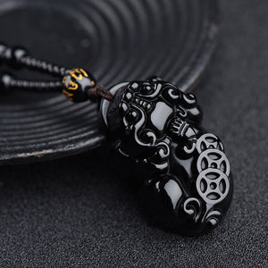 Black Obsidian Three Money Pixiu Pendant Prosperity and Wealth Necklace