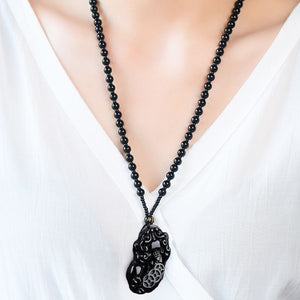 Black Obsidian Three Money Pixiu Pendant Prosperity and Wealth Necklace