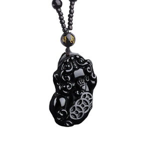 Black Obsidian Three Money Pixiu Pendant Prosperity and Wealth Necklace