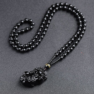 Black Obsidian Three Money Pixiu Pendant Prosperity and Wealth Necklace