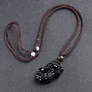 Black Obsidian Three Money Pixiu Pendant Prosperity and Wealth Necklace
