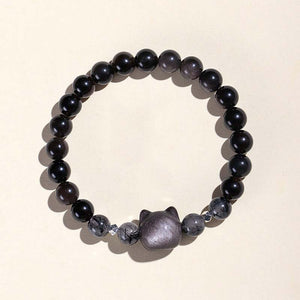 Cat Bracelet with Silver Obsidian Beads – StartGoodLuck