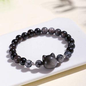 Silver Obsidian Cat Bracelet for Courage & Strength