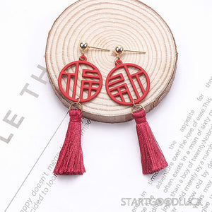 Chinese "Fu" Good Fortune Earrings - Red Tassel Style - StartGoodLuck