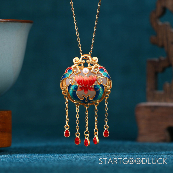 Chinese Lucky Necklace | Enamel - Colored Hetian Jade Safety Lock Pendant with "Year - round Surplus" Motif