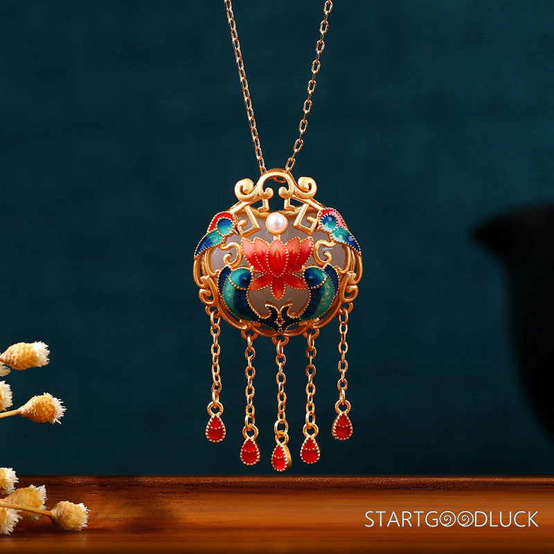Chinese Lucky Necklace | Enamel - Colored Hetian Jade Safety Lock Pendant with "Year - round Surplus" Motif