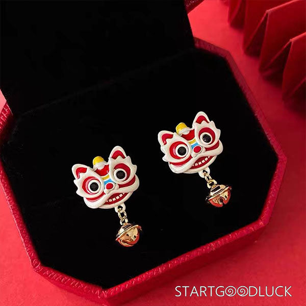 Chinese Lion Dance Earrings - Cute Lion Motifs & Bells