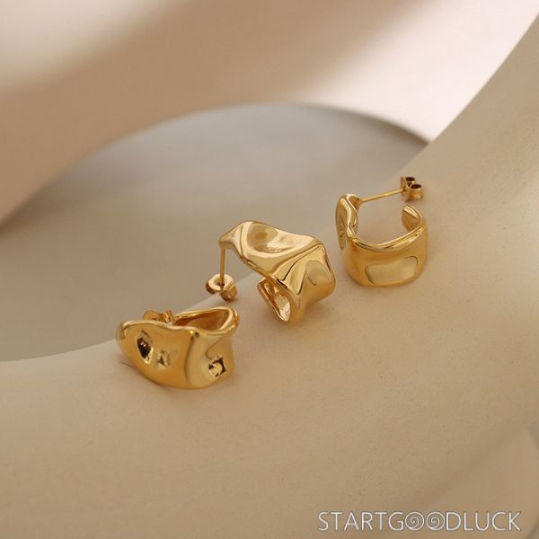 Chunky Hoop Earrings | Irregular Hoop Earrings - Gold & Silver Trendy C - Shape Earrings for Daily Wear