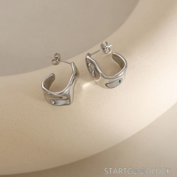 Chunky Hoop Earrings | Irregular Hoop Earrings - Gold & Silver Trendy C - Shape Earrings for Daily Wear