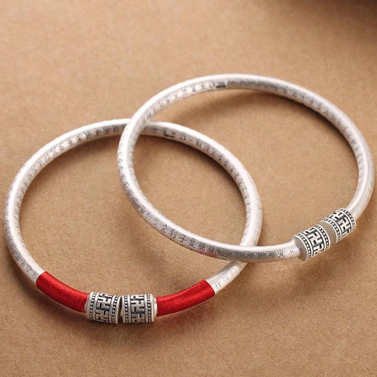 Copper Plated Silver Double Beads Six Syllable Mantra Love and Compassion Bracelet