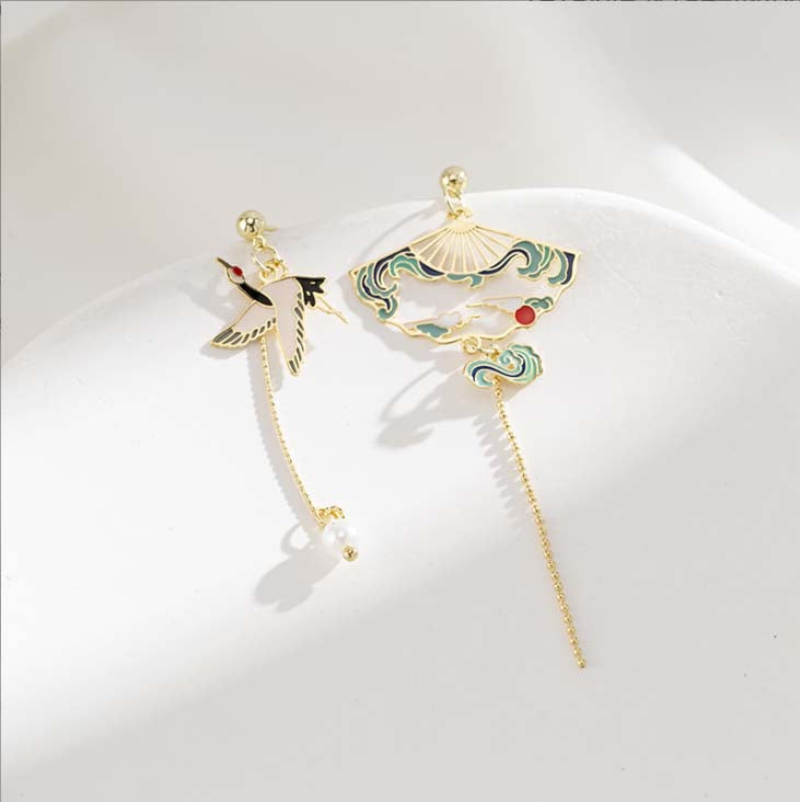 Crane Earrings | Chinese Style Asymmetrical Earrings | Chinese Vintage Accessories