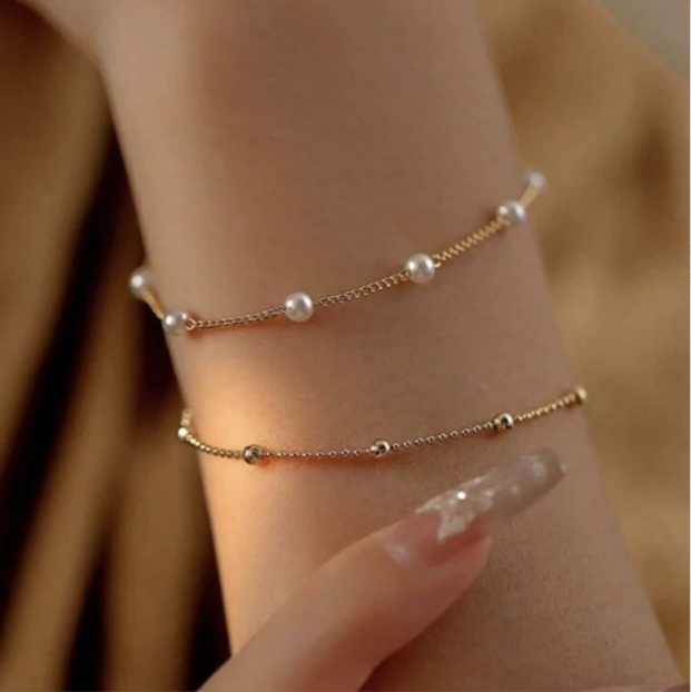 Double Layer Bracelet | Fresh-water Pearl Beads Bracelet | Adjustable Gold/Silver Chain