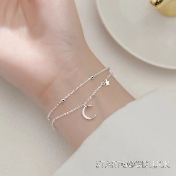 Double Layer Silver Bracelet | Moon & Star Bracelet | Best Birthday Gift