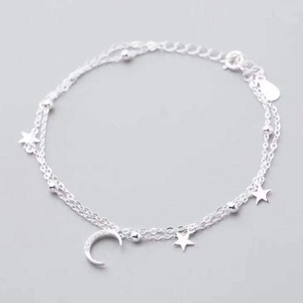 Double Layer Silver Bracelet | Moon & Star Bracelet | Best Birthday Gift