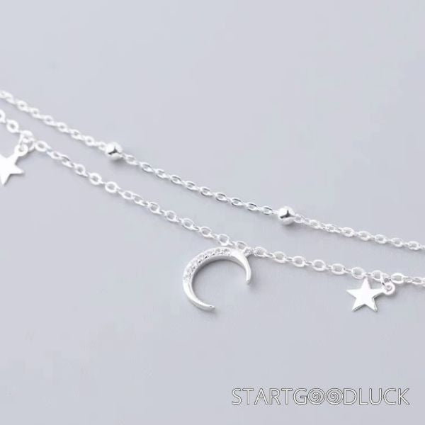 Double Layer Silver Bracelet | Moon & Star Bracelet | Best Birthday Gift