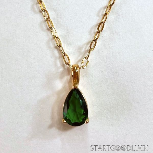 Emerald Diamond Necklace - Elegant Teardrop Emerald Pendant with Silver Gold Plated Chain