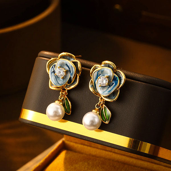 Enamel Flower Earrings with Pearl Drop