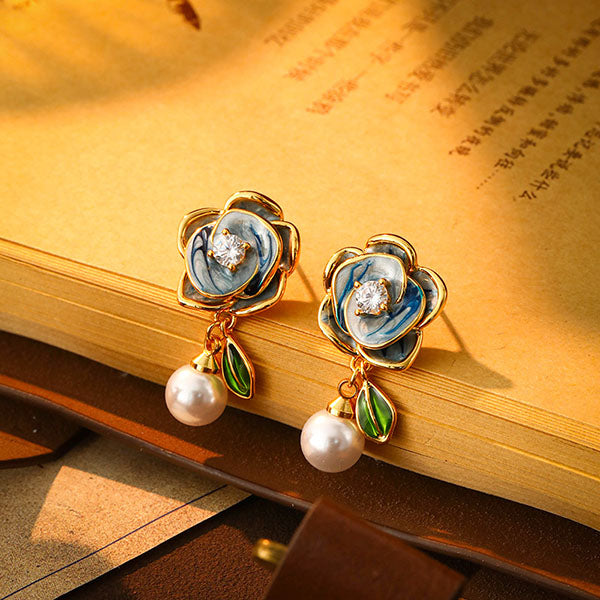 Enamel Flower Earrings with Pearl Drop