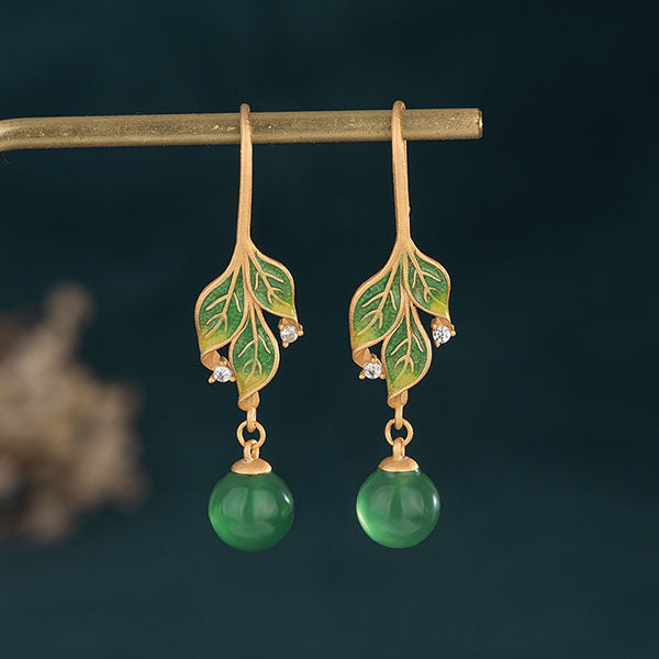 Enamel Leaf Earrings with Green Agate Drop