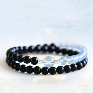 Feng Shui Bracelet with Black Obsidian & Aquamarine Double ring 6mm obsidian + aquamarin