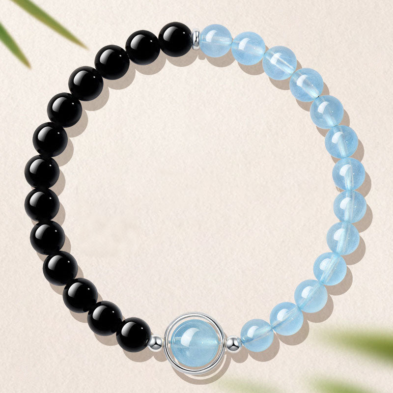 Feng Shui Bracelet with Black Obsidian & Aquamarine Single Loop
