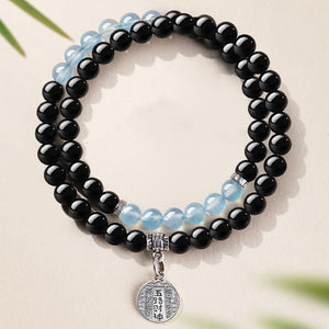 Feng Shui Bracelet with Black Obsidian & Aquamarine Double Ring