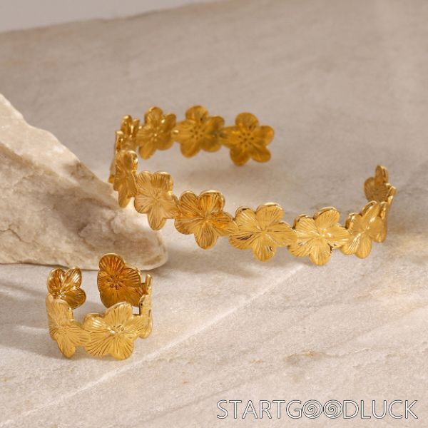 Flower Bracelet Bangle for Women | Gold Color Flora Stainless Steel Bracelets & Ring Set