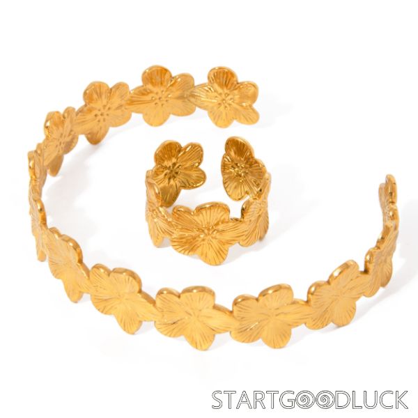 Flower Bracelet Bangle for Women | Gold Color Flora Stainless Steel Bracelets & Ring Set