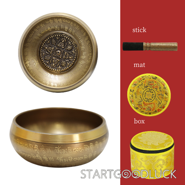 Four-Faced Buddha Singing Bowl Set-Tibetan Hand-Carved Om Mani Padme Hum | Mental Healing